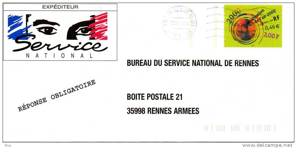 PAP TSC SERVICE NATIONAL DE RENNES Timbre "CELEBRATION AN 2000" Ayant Voyagé - Prêts-à-poster: TSC Et Repiquages Semi-officiels