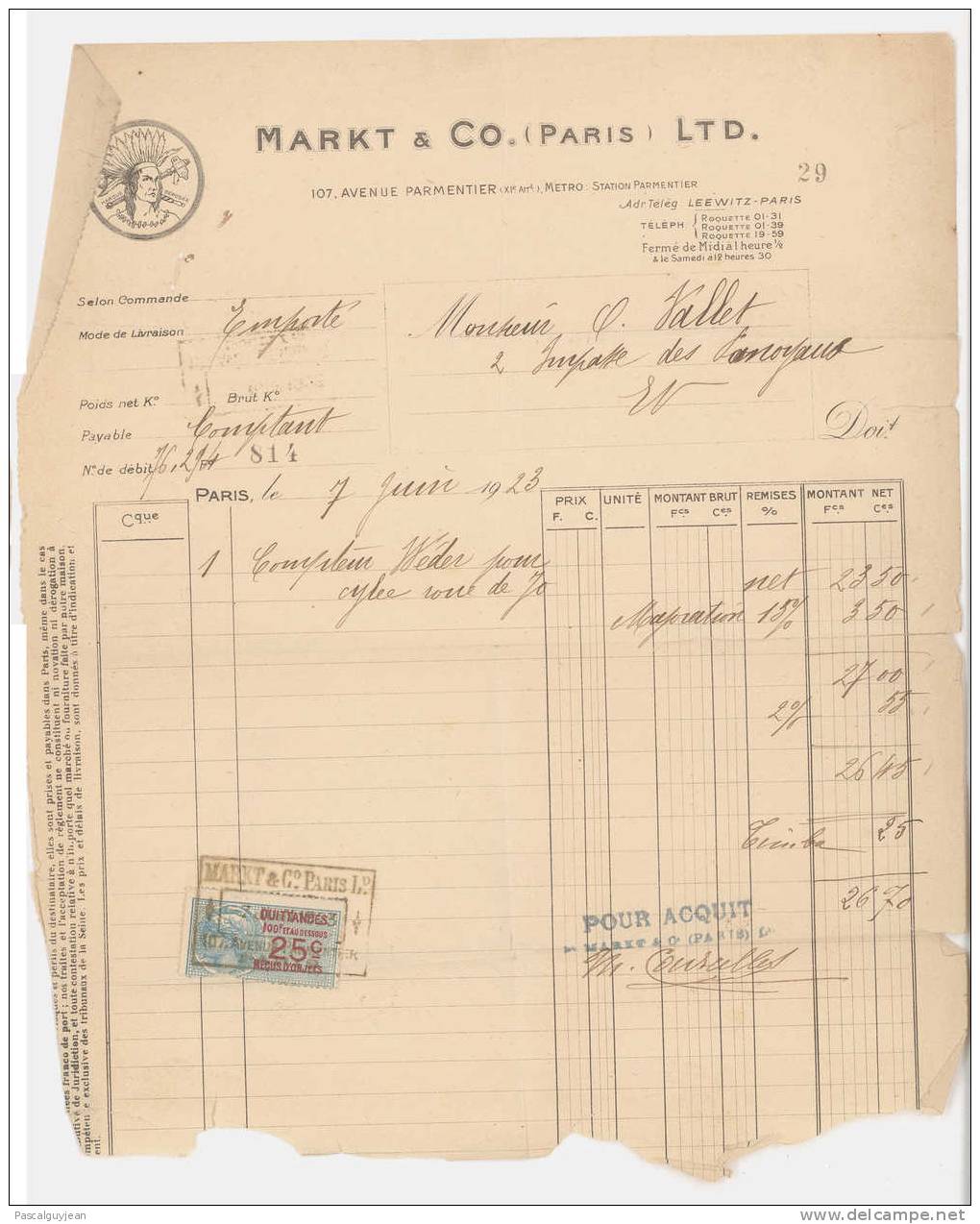 FACTURE MARKT & CO 1923 - COMPTEUR POUR CYCLE - Transports