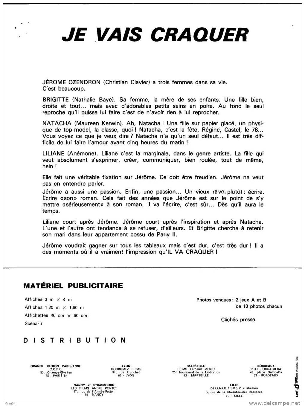 9 PHOTOS PUBLICITAIRES Du FILM JE VAIS CRAQUER-ACTRICE Et ACTEUR CHRISTIAN CLAVIER-NATHALIE BAYE-MAUREEN KERWIN-ANEMONE - Publicité Cinématographique