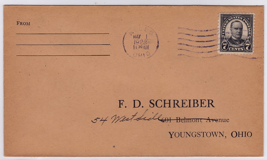 1923 7 ¢ McKinley  Niles OH Cancel  Adressed To Schreiber - 1851-1940