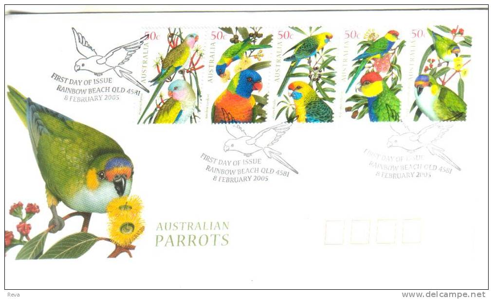 AUSTRALIA  FDC PARROTS BIRD BIRDS SET OF 5 STAMPS  DATED 08-02-2005 CTO SG? READ DESCRIPTION !! - Storia Postale