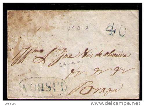 Gc464 PORTUGAL 40r Porte LISBOA Cancellation Blue On Cover Dated From Lisboa (31.12.1834) To BRAGA Préphilatélie - ...-1853 Préphilatélie