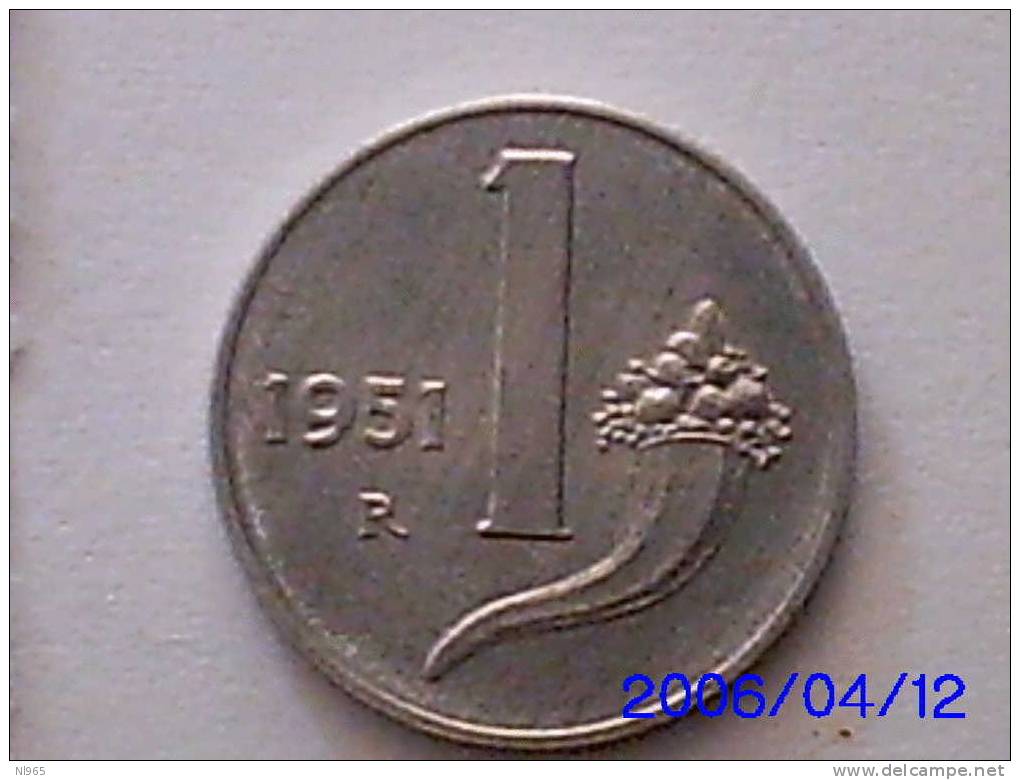 REPUBBLICA ITALIANA - ITALY - 1 LIRA CORNUCOPIA - ANNO 1951 FDC - 1 Lira