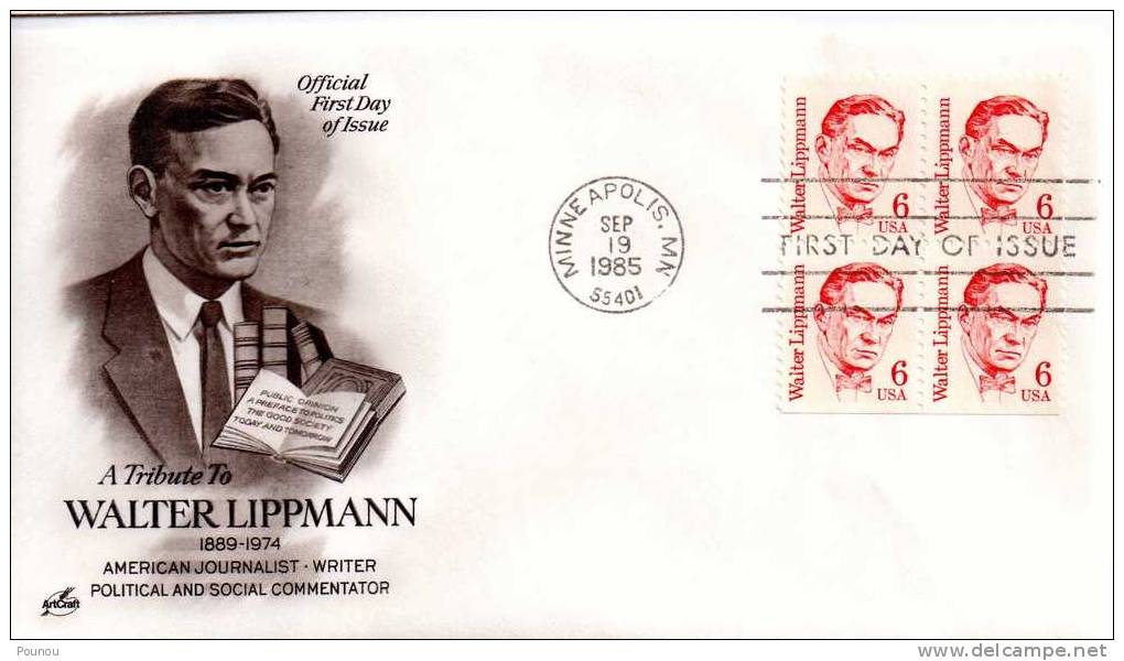 &#9733;USA - FDC - 1985 - AMERICAN JOURNALIST - W. LIPPMANN - BLOC DE 4 - JOURNAUX (067) - 1981-1990