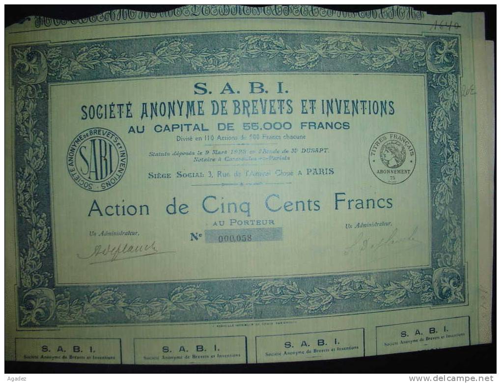 Action"SABI" S.A. De Brevets Et Inventions Capital 55000 F Divisé En 110 Actions Paris Très Bon état. - Industry