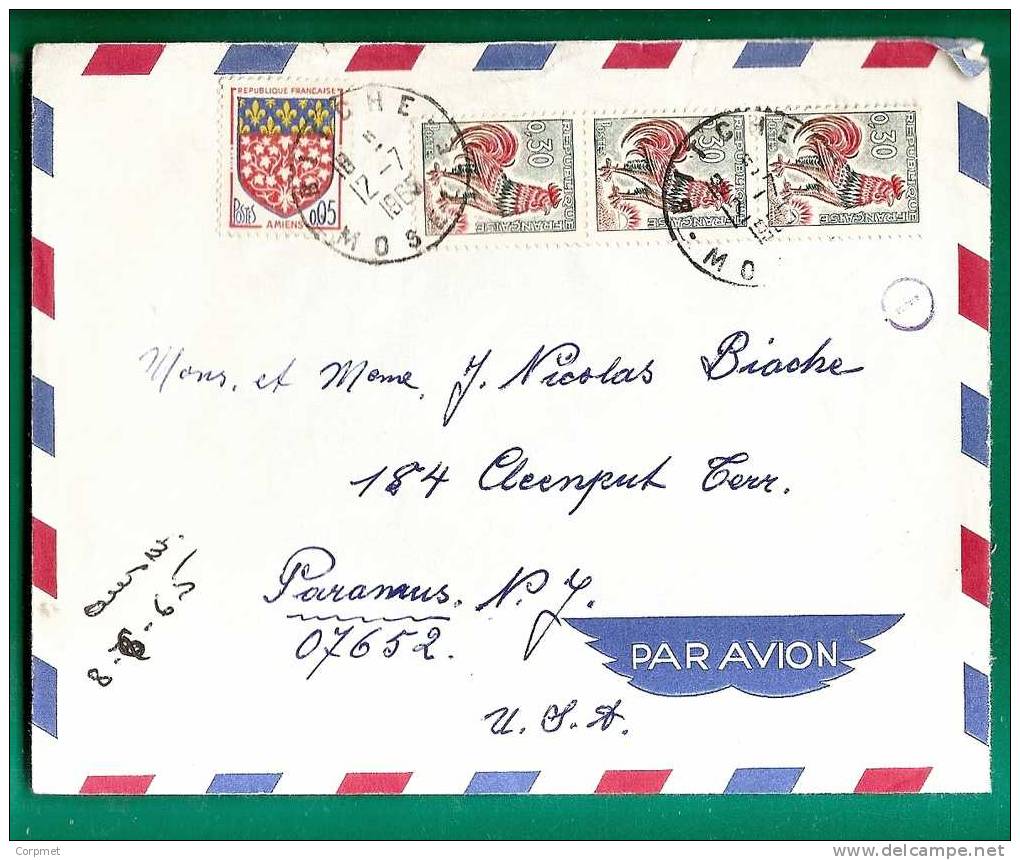 FRANCE - 1965 COVER - Type Coq De Decaris - Yvert # 1331A (x3) + 1352  From  BITCHE To PARAMUS - New Jersey - 1962-1965 Haan Van Decaris