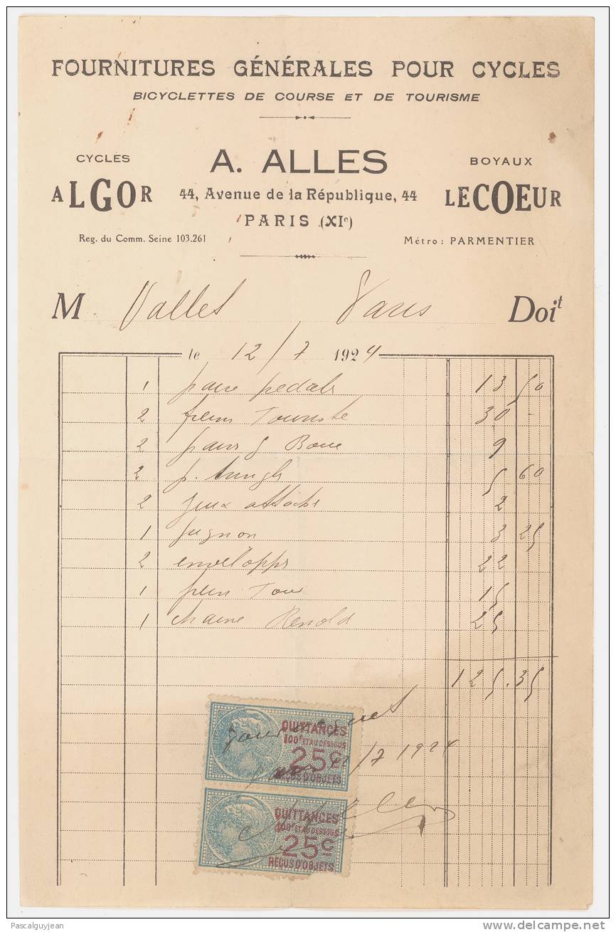 FACTURE A. ALLES FOURNITURES GENERALES POUR CYCLES 1924 - Transports