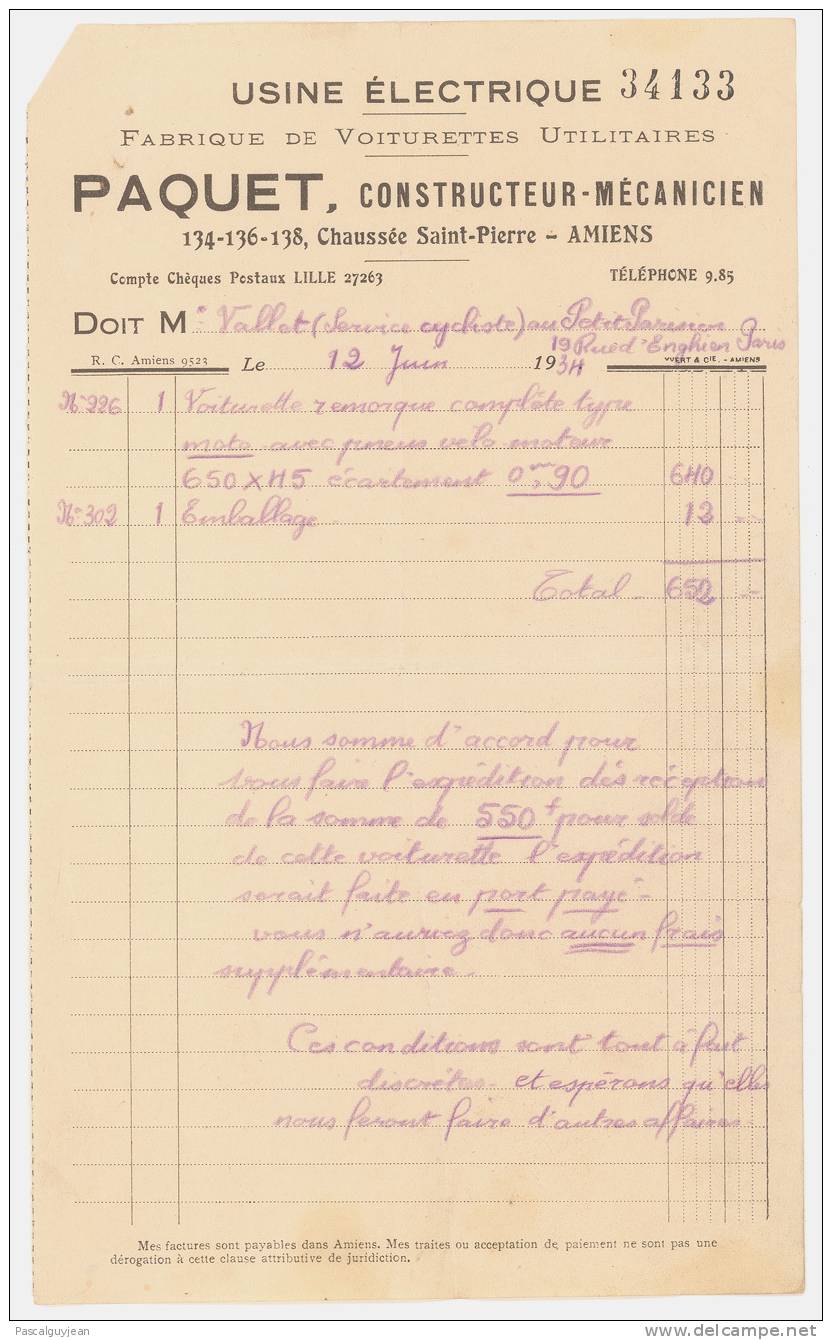 FACTURE + RECEPISSE PAQUET - USINE ELECTRIQUE - FABRIQUE DE VOITURETTES UTILITAIRES - Verkehr & Transport