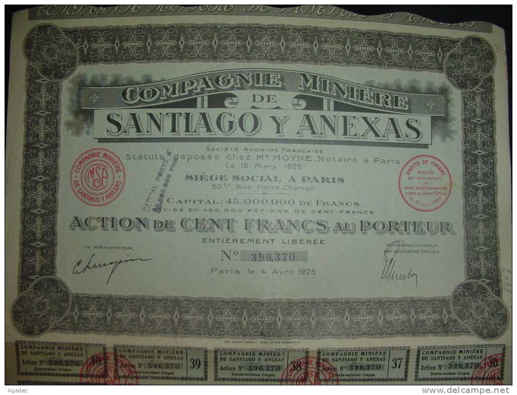 Action"Compagnie Minière De Santiago Y Anexas"Paris 1925 Bon état,reste Des Coupons Mines Mexique Mexico. - Mijnen