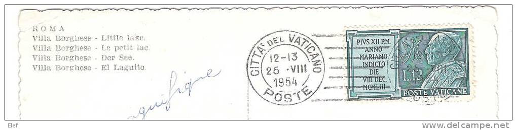 VATICANO / Vatican:Yvert N° 197 "Anno Mariano,L 12, Bleu-vert "obl Sur Carte Postale De ROMA,25 VIII 1954 > ST MAUR,  TB - Covers & Documents