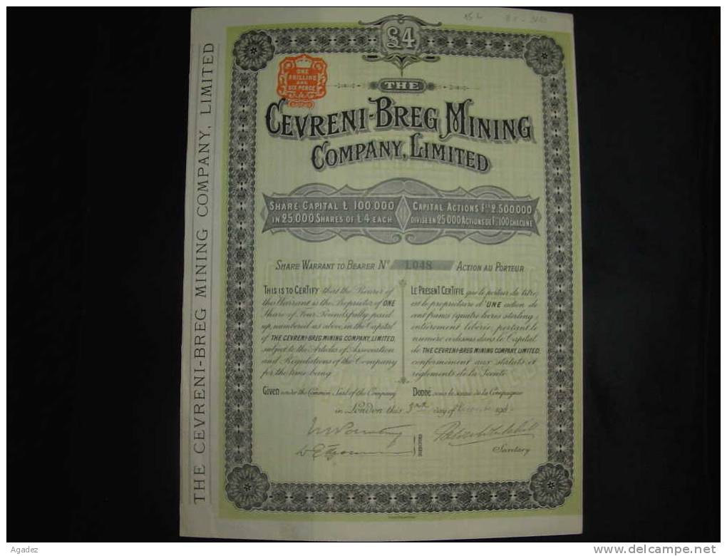 Action " Cevreni Breg Mining Company " London 1902 Excellent état,reste Tous Les Coupons - Mines