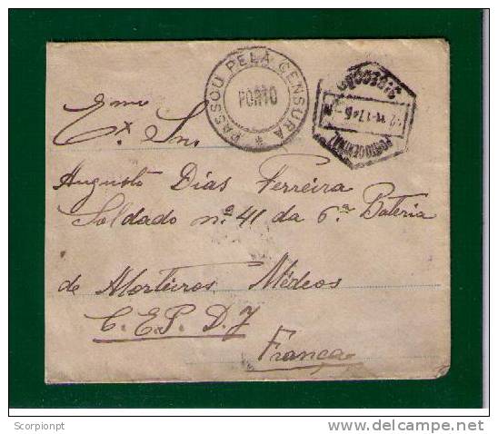 Sp339 PORTUGAL Guerre WW1 Cover  (02.11.17) To FRANCE Cachet Noir Pmk CENSORY Censor - WO1