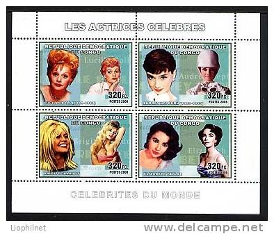 CONGO 2006, L. BALL, A. HEPBURN, B. BARDOT, E. TAYLOR, 4 Valeurs En Feuillet, Neufs - Acteurs