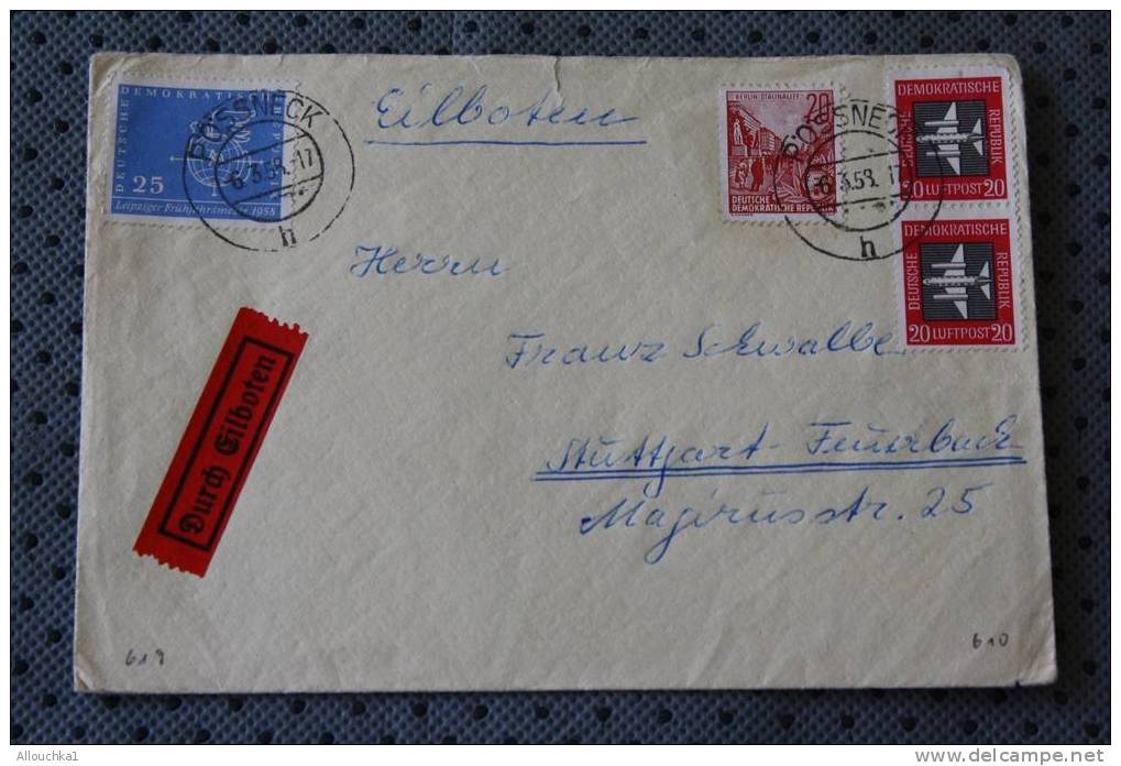 1953 D.D.R. DEUTSCHE DEMOKRATISCHE REPUBLIK LUFTPOST DE POSSNECK P/ STUTTGART W. GERMANY - Storia Postale