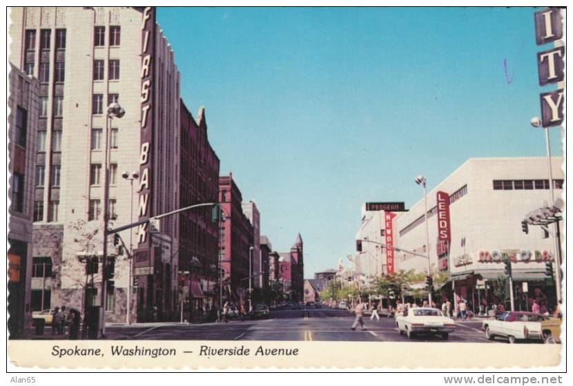 Spokane WA, Riverside Avenue Animated Street Scene, Autos, Business Signs On C1970s Vintage Postcard - Spokane