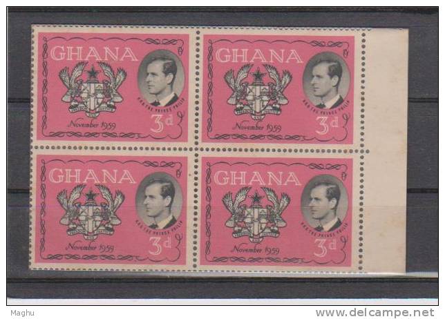 Ghana, 1959, MNH, Blk Of 4,Duke Of Edinburg And Arms Of Ghana, Coat Of Arms, Birds - Goldküste (...-1957)