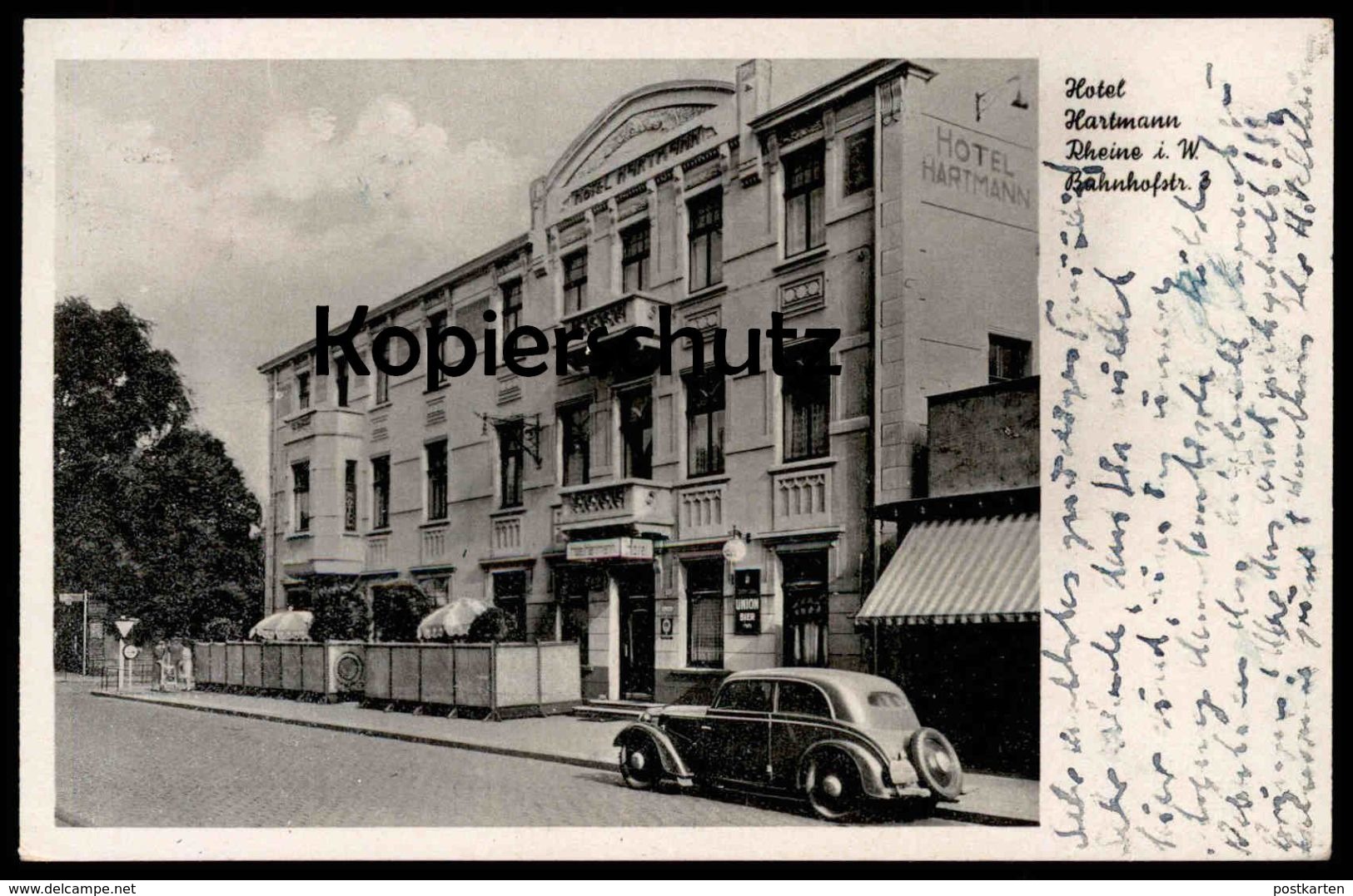 ALTE POSTKARTE RHEINE HOTEL HARTMANN BAHNHOFSTRASSE Auto Voiture Reklame Blechschild Union Bier Ansichtskarte AK Cpa - Rheine