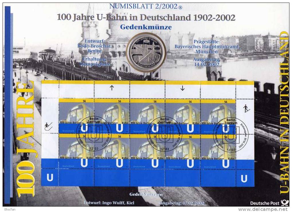 100 Jahre U-Bahn Berlin Deutschland Numisblatt2/2002 Mit 2242 Plus 10-KB SST 41€ Triebwagen Bf Document Sheet Of Germany - Brieven En Documenten