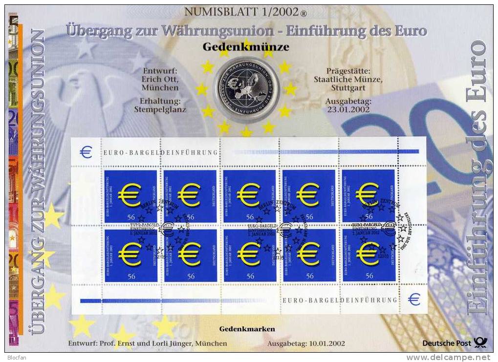 1.EURO-Münze Deutschland Numisblatt 1/2002 Mit 2234 10-KB SST 40€ Währungsunion - Commemorative