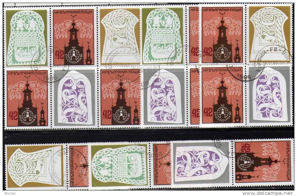 Se-tenant Expo STOCKHOLMIA 1986 Bulgarien 3492,9xZD+Kleinbogen O 10€ Kirchturm Bloque Bloc Hoja M/s Sheetlet Bf Bulgaria - Colecciones (en álbumes)