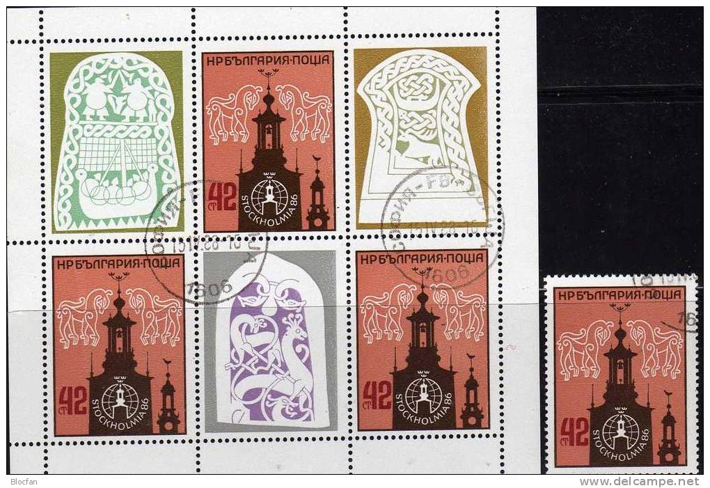 Se-tenant Expo STOCKHOLMIA 1986 Bulgarien 3492,9xZD+Kleinbogen O 10€ Kirchturm Bloque Bloc Hoja M/s Sheetlet Bf Bulgaria - Colecciones (en álbumes)