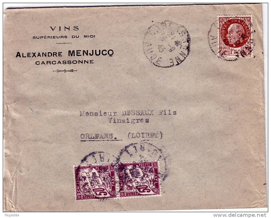 TAXE 50c EN PAIRE/LETTRE DE CARCASSONNE 15-9-1943 - 1859-1959 Cartas & Documentos