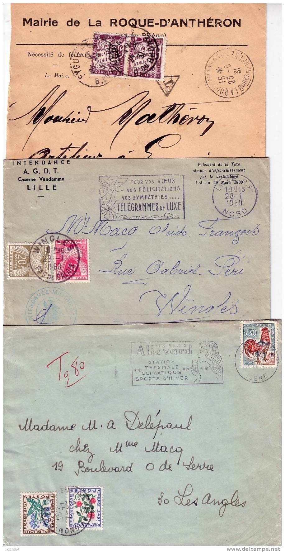 TAXE-3 LETTRES DIVERSES-BANDEROLE-GERBES-FLEURS - UNE LETTRE DE MAIRIE (LA ROQUE D'ANTHERON)- UNE LETTRE INTENDANCE AGDT - 1859-1959 Cartas & Documentos