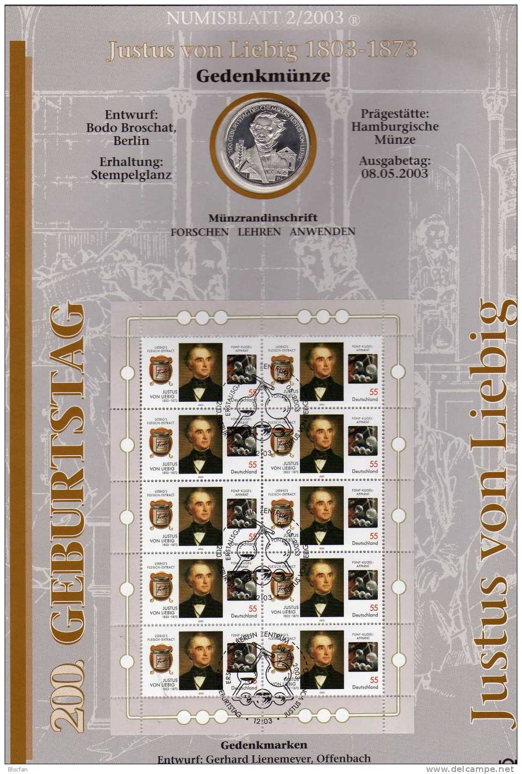 Justus Von Liebig Deutschland Numisblatt NB 2/2003 Mit 2337 10-KB SST 35€ Fleischextrakt Bf Document Sheetlet Of Germany - Deutschland