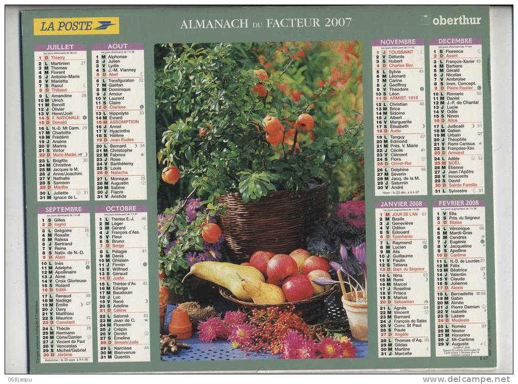 Almanach Du Facteur 2007 Haut-rhin Theme Fruit Pomme Poire Orange  Fleur - Groot Formaat: 2001-...