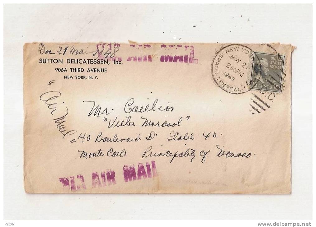 Lettre   NEW YOK    Obl.1948   Arr.MONACO - Lettres & Documents