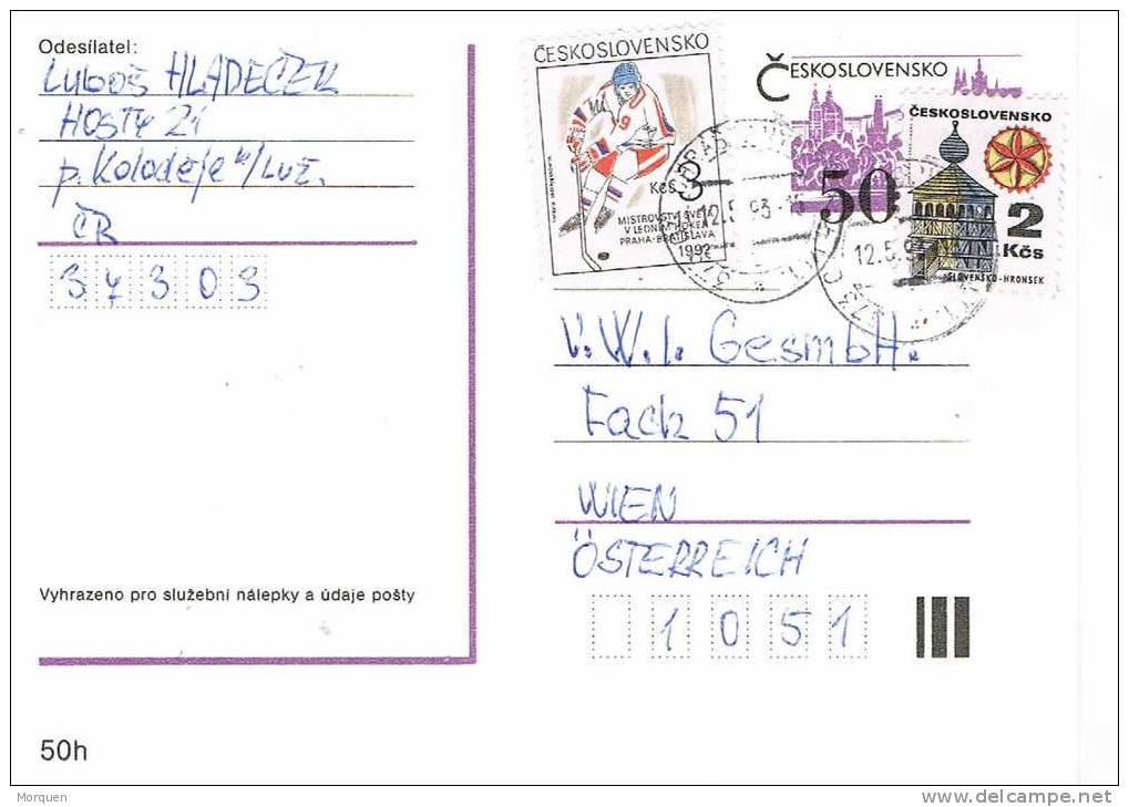 Entero Postal  Checoslovaquia 1993. Hockey Stamp - Postkaarten