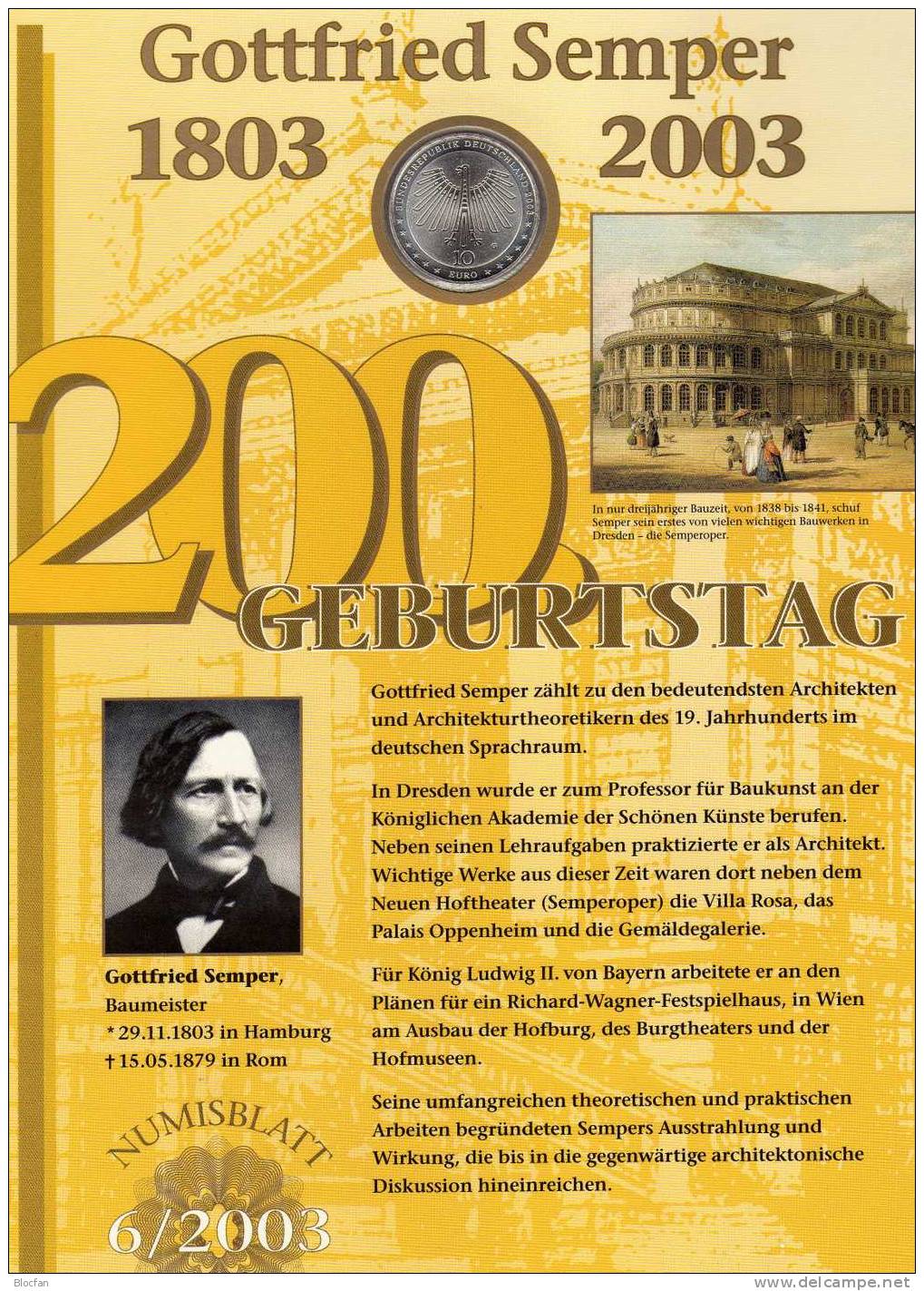 Semper-Oper Deutschland Numisblatt 6/2003 Mit 10-KB Plus 2371 SST 36€ Dresden - Brieven En Documenten