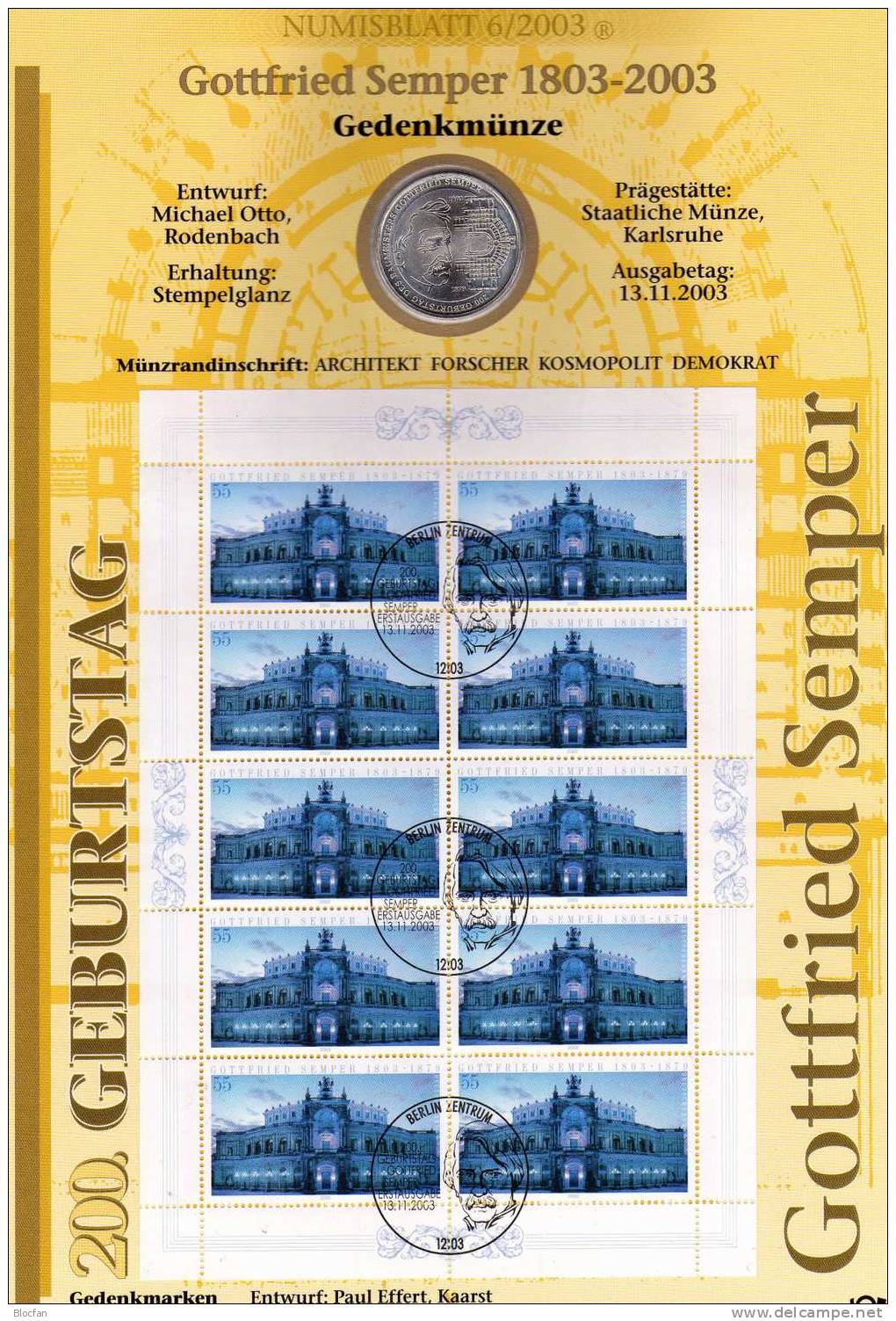 Semper-Oper Deutschland Numisblatt 6/2003 Mit 2371 10-KB SST 36€ Dresden - Allemagne