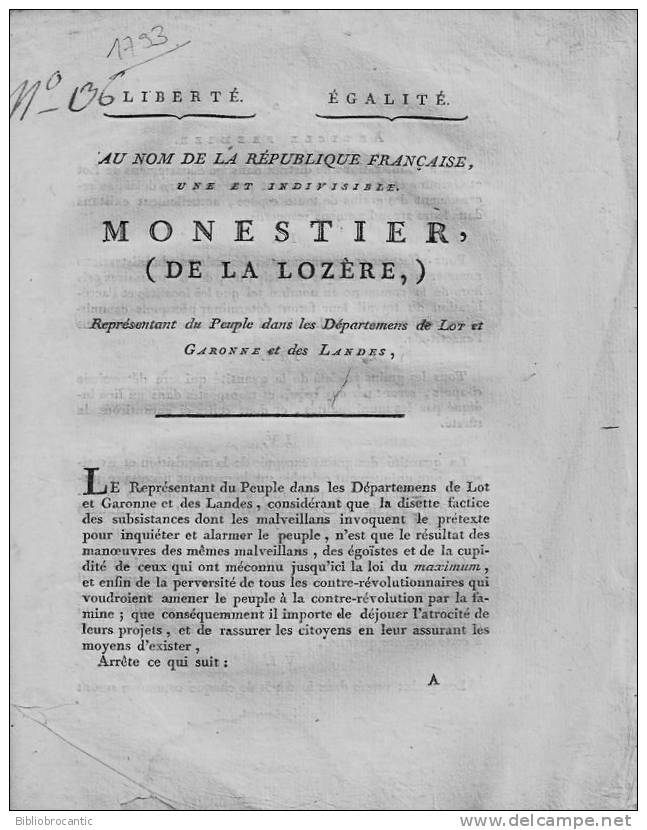 DECISIONS SUITE A LA DISETTE Par MONESTIER (DE LA LOZERE) Représentant Du Peuple, An 2 / LOT ET GARONNE ET LANDES - Historische Documenten