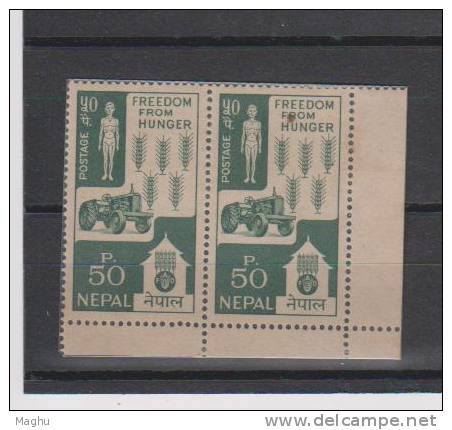 Nepal 1963 MNH , Pair,  Freedom From Hunger, FAO, Organization, Automobile Tractor, Agriculture, Health, - Contre La Faim