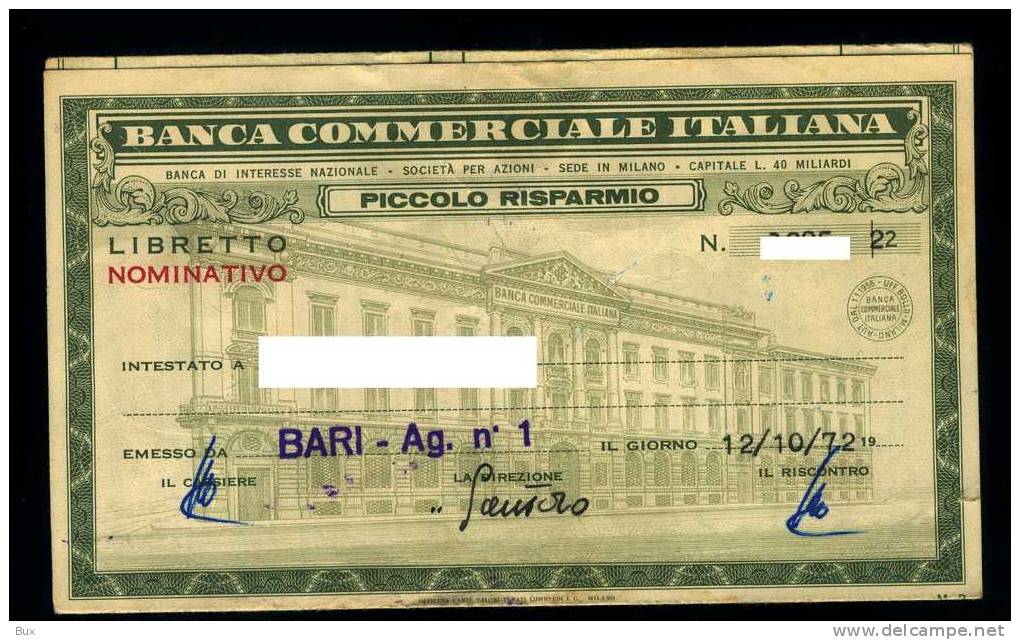 BANCA COMMERCIALE ITALIANA  BARI LIBRETTO CART .46 - Banque & Assurance