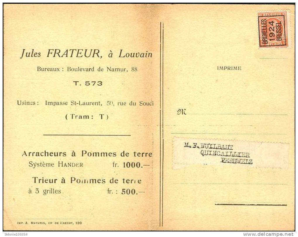 Carte Avec Préo Houyoux 1924 De Bruxelles Vers Péruwelz - Typo Precancels 1922-31 (Houyoux)