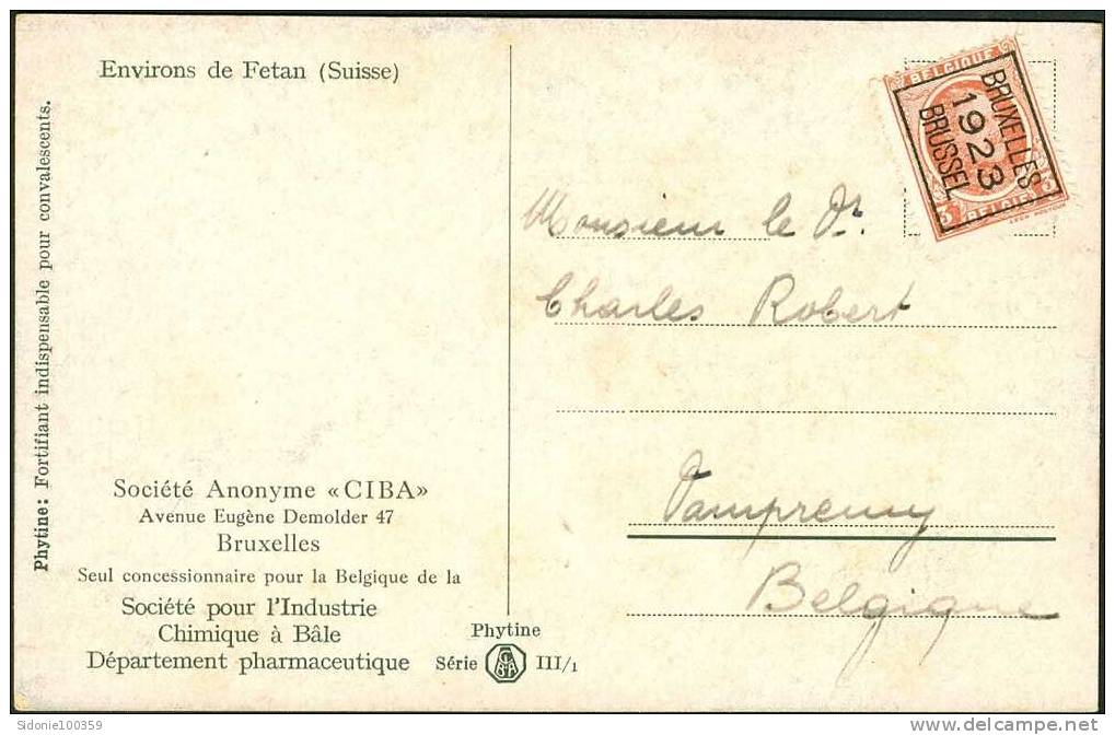 Carte (société CIBA) Avec Préo Bruxelles 1923 Vers Dampremy - Typo Precancels 1922-31 (Houyoux)