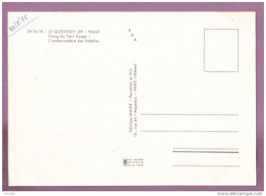 LE QUESNOY - Etang Du Pont Rouge : L'embarcadère Des Pédalos. Ed. MAGE N° 5914/18 Non Circulé 2 Scans - Le Quesnoy