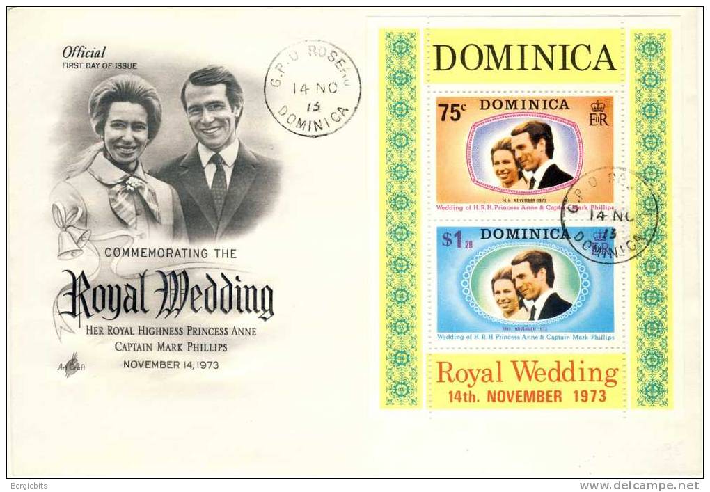 1973 Dominica Cachet  FDC Commemorating The Royal Wedding Of Princess Anne & Captain Mark Phillips - Dominica (1978-...)