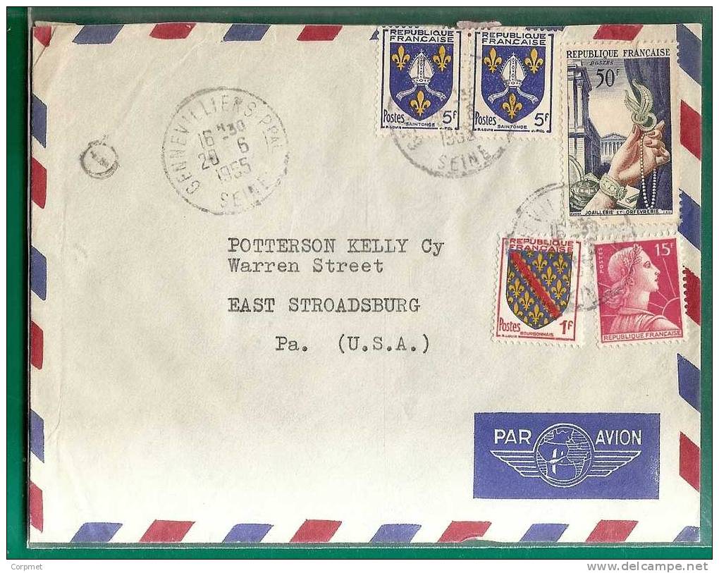 FRANCE -  1955 COVER - Type Marianne De Muller - Yvert # 1011 + 1002 + 1005 (x2) +973 - GENNEVILLIERS  To E. STROADSBURG - 1955-1961 Marianne Of Muller