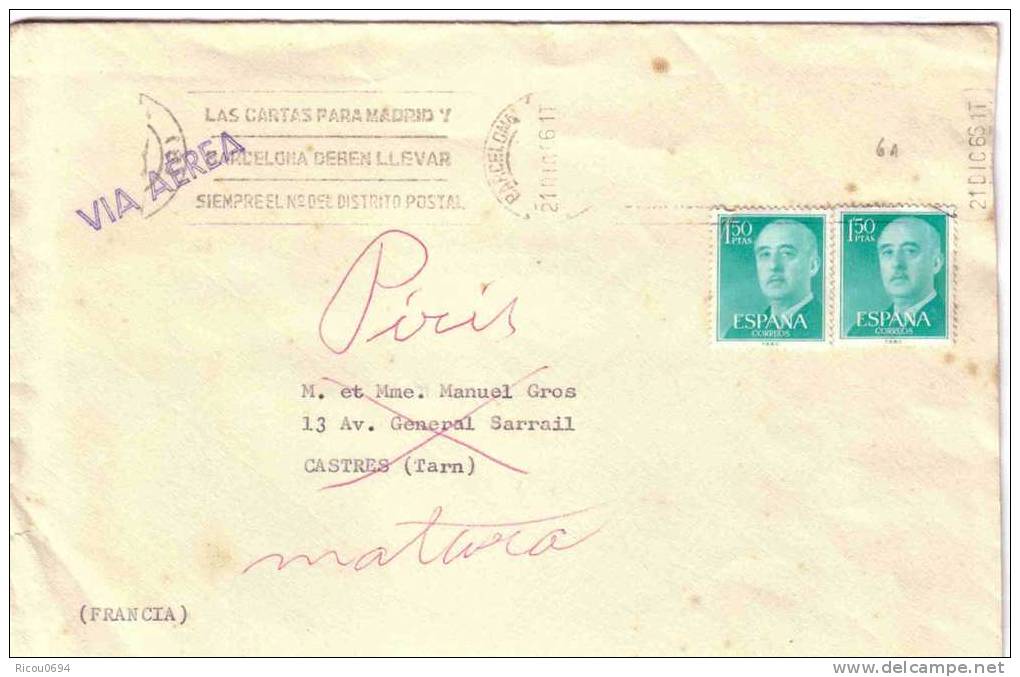 15- Lettre BARCELONA (espagne) Vers France 1966 - Briefe U. Dokumente