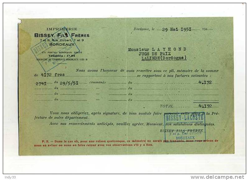 - FRANCE 33 . FACTURE DE BISSEY FILS FRERES . IMPRIMERIE . BORDEAUX 1951 - Printing & Stationeries