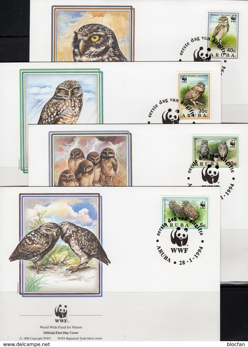 Käuzchen WWF-Set 155 Aruba 134/7 FDC 10€ Fauna Eulen Naturschutz Dokumentation 1994 Covers Birds Athene Owl Caribic - FDC