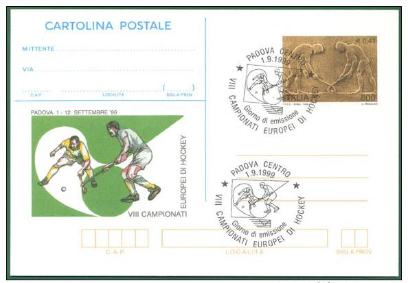 TEMA SPORT ITALIA 1999 ANNULLOSPECIALE FIGURATO CAMPIONATI EUROPEI HOCKEY  CARTOLINA POSTALE COMMEMORATIVA (DC1450) - Hockey (su Erba)
