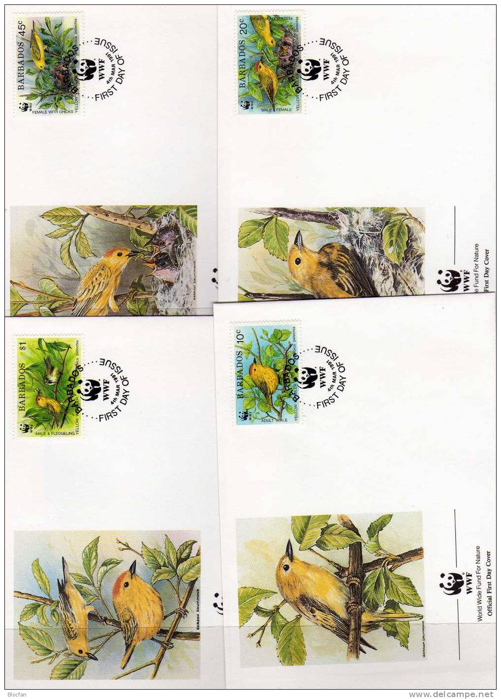 WWF-Set 107 Barbados 770/3 4xFDC 28€ Goldwaldsänger Naturschutz Dokumentation 1991 Cover Of America - Songbirds & Tree Dwellers