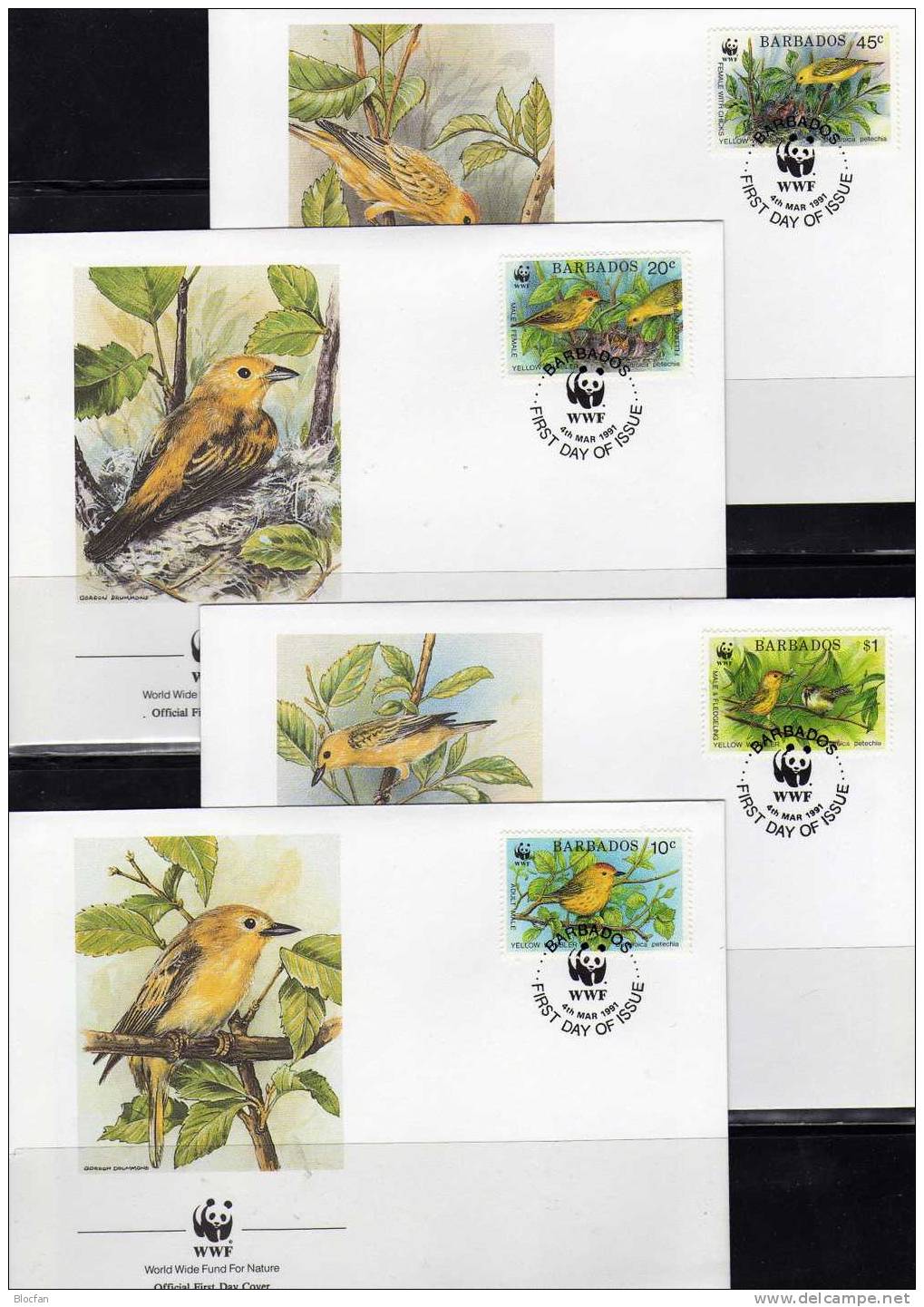 WWF-Set 107 Barbados 770/3 4xFDC 28€ Goldwaldsänger Naturschutz Dokumentation 1991 Cover Of America - Songbirds & Tree Dwellers