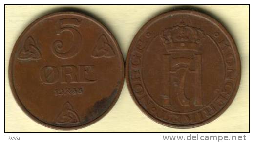 NORWAY  5 ORE  KING HAKON 7  EMBLEM FRONT  DENOMINATION BACK 1938  READ DESCRIPTION CAREFULLY !!! - Norway