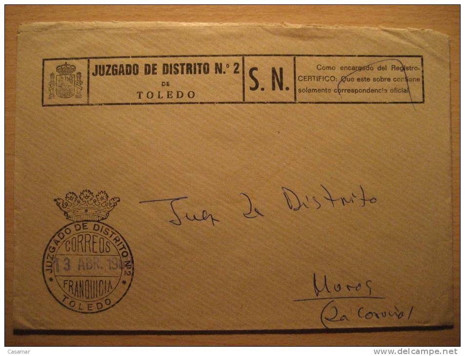 TOLEDO 1989 A Muros Coruña Juzgado Distrito 2 Ley Law Court Justice Franquicia Sobre Cover Lettre - Franchise Postale