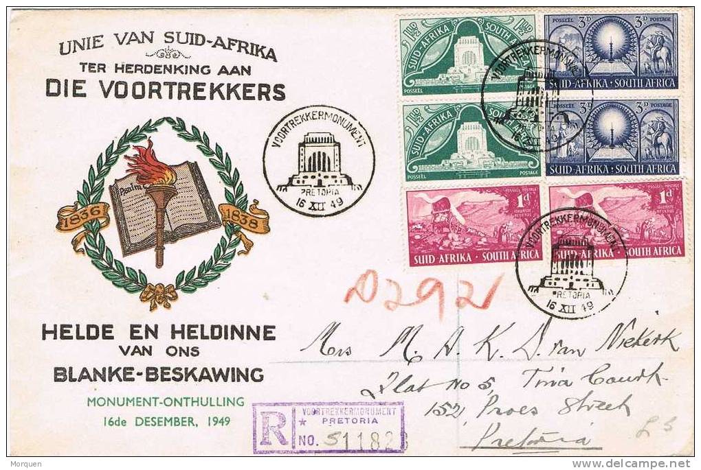 2201. Carta Certificada PRETORIA (South Africa) 1949. Monumento - Storia Postale